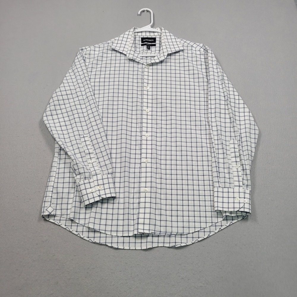Bonobos Mens Standard Fit Button Down Shirt 16.5 x 33 White Blue Check Cotton
